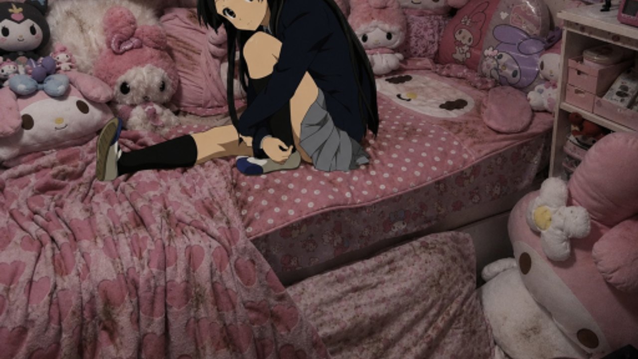 Player character sitting on a stained pink bed surrounded by plush toys in maybe tomorrow ill open the door
